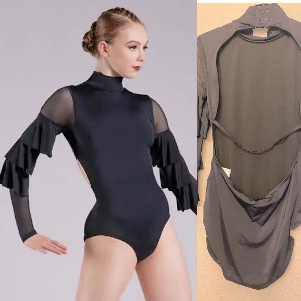 WEISSMAN Elite Dance Costume black Tiered ruffle Sleeve Leotard MT11834 SA adult